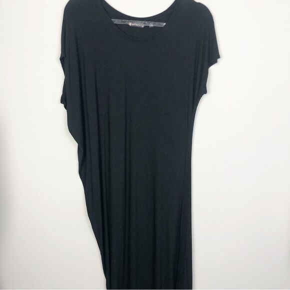 ATHLETA | Asymmetrical Drapey Black Short Sleeve Midi T-Shirt Dress Women’s S - Picture 1 of 8
